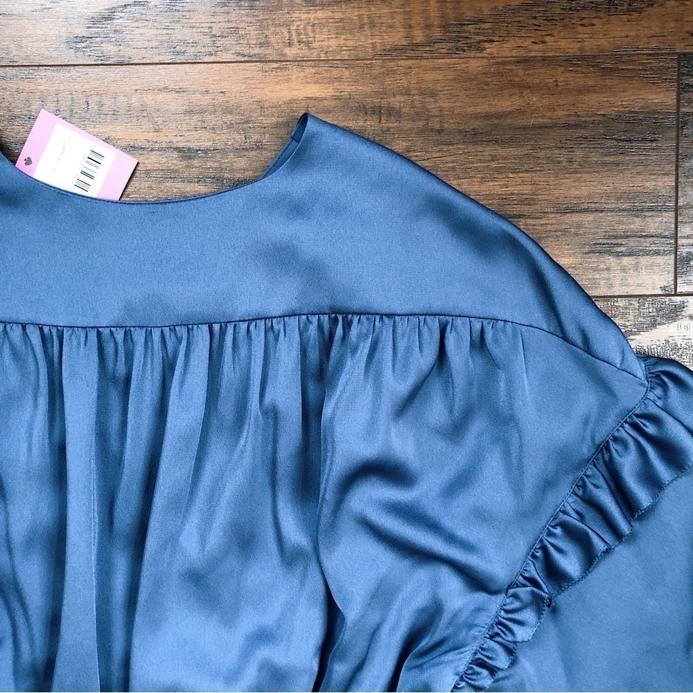 Kate Spade • Belted Satin Midi Dress ruffle trim short sleeve Antique Blue - Picture 14 of 16